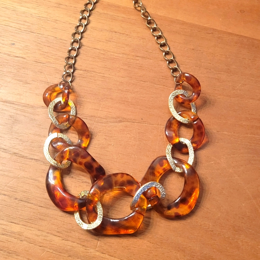 Chunky chain tortoise look and hammered gold tone metal necklace